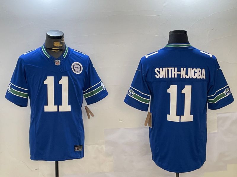 Men Seattle Seahawks #11 Smith-Njigba Blue Throwback Three generation 2024 Nike Limited NFL Jersey style 2